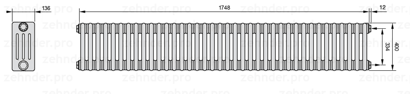 Схема (чертеж) Радиатор Zehnder Charleston 4040/38 №7610 Белый глянцевый RAL 9016